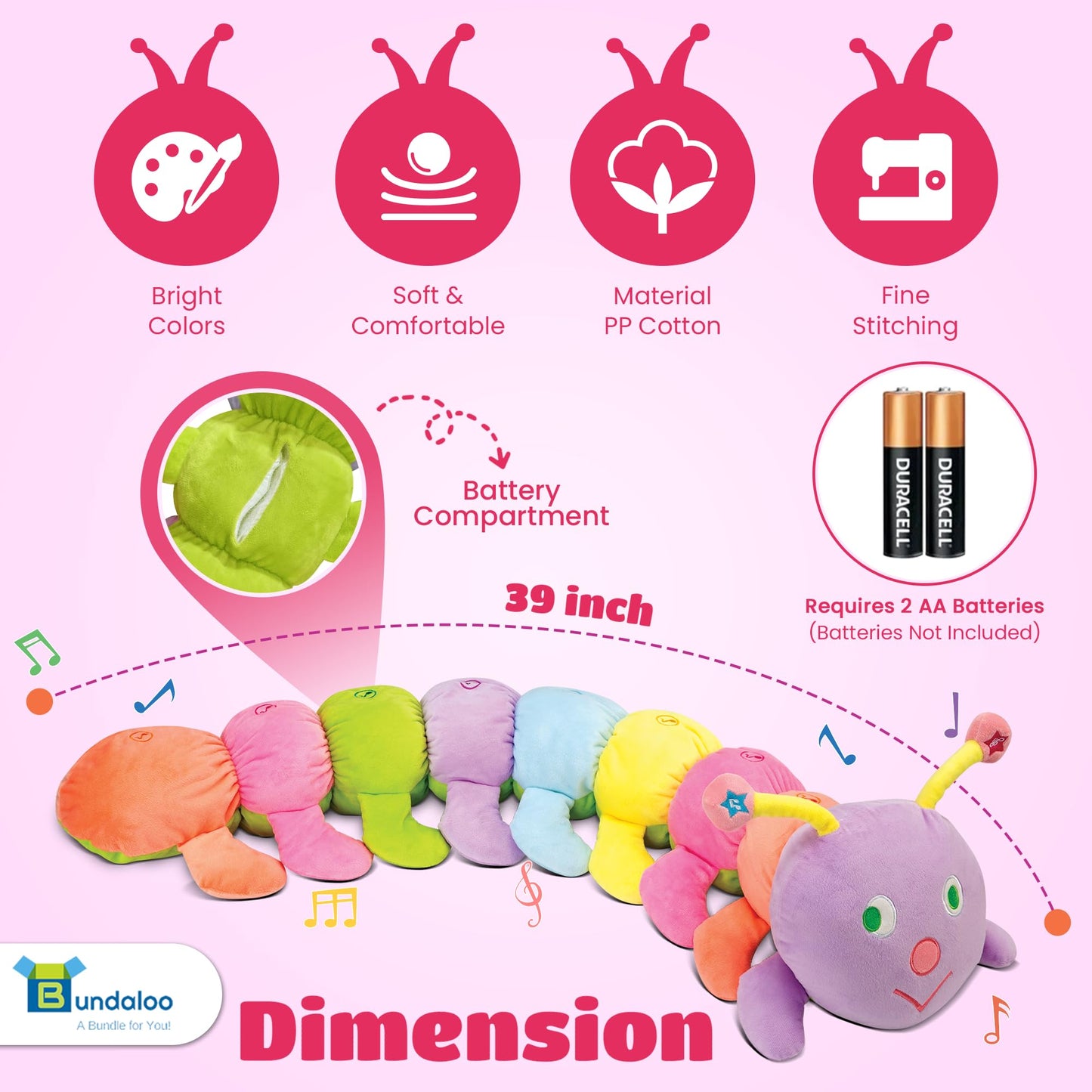 Bundaloo Jumbo Musical Caterpillar Plush Toy - Extra Large, Multi-Color, Plays Fun Songs & 8 Musical Notes for Kids & Toddlers