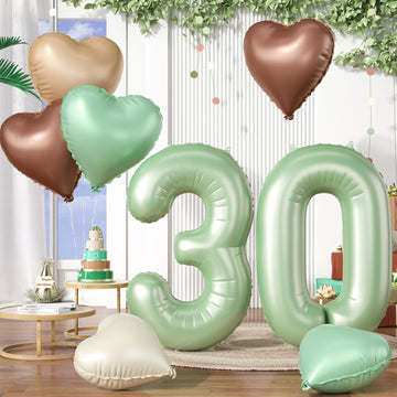 Biapian 40 Inch Sage Green Number 30 Balloons, Large Foil Number 3 & 0 Balloons With 18'' Olive Green Heart Balloon For 30Th Yea