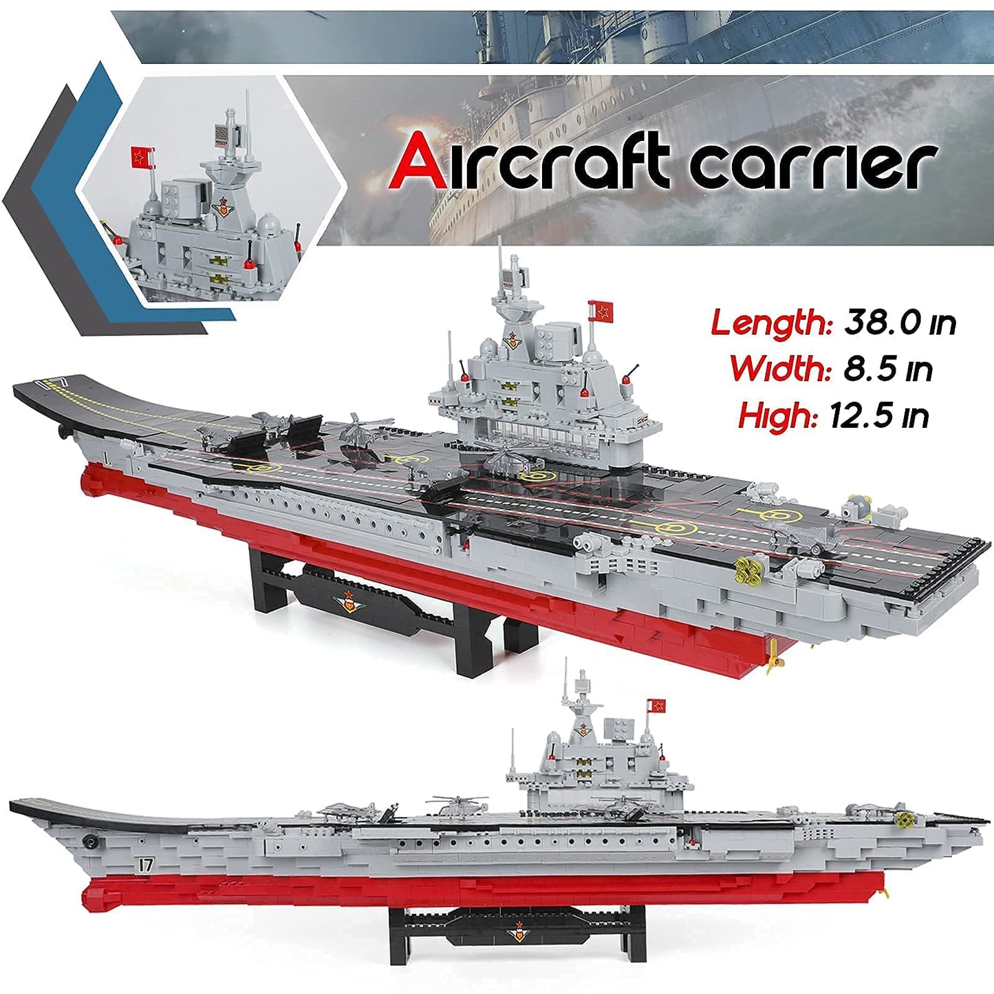 2234 Pieces Aircraft Carrier Building Blocks With Storage Box, 38X 7.7X10.5 Inch Stress Release Large Construction Military Wars