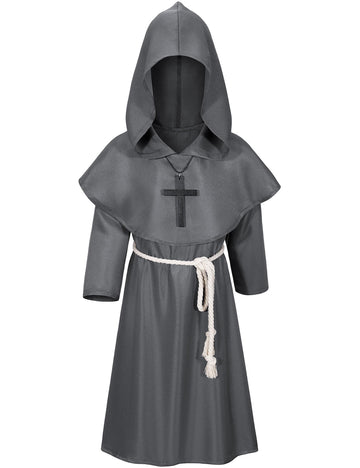 Kids Medieval Renaissance Monk Costume Priest Friar Wizard Cloak Hooded Robe Cosplay Costume Belt Necklace Set(Gr 120)