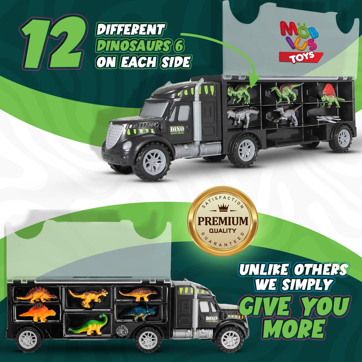 Dinosaur Truck Toy Carrier - Dino Trucks for Boys Includes 12 Kids Dinosaur Toys & Temporary Dinosaur Tattoos, Dinosaur Car Tran