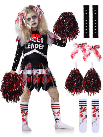 Girls Halloween Costumes, Scary Bloody Dead Cheerleader Costumes For Girls 8-10, Red Zombie Cheerleader Costume For Halloween Dr