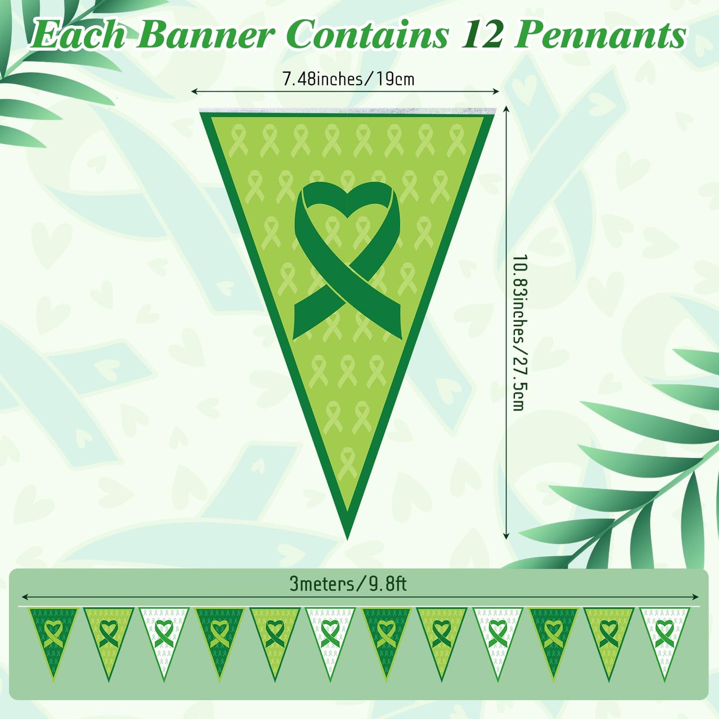 Tatuo 5 Pcs 49 ft Mental Health Awareness Decoration Green Ribbon Pennant Banner Mental Health Triangle Flag Banner Pre-Assemble