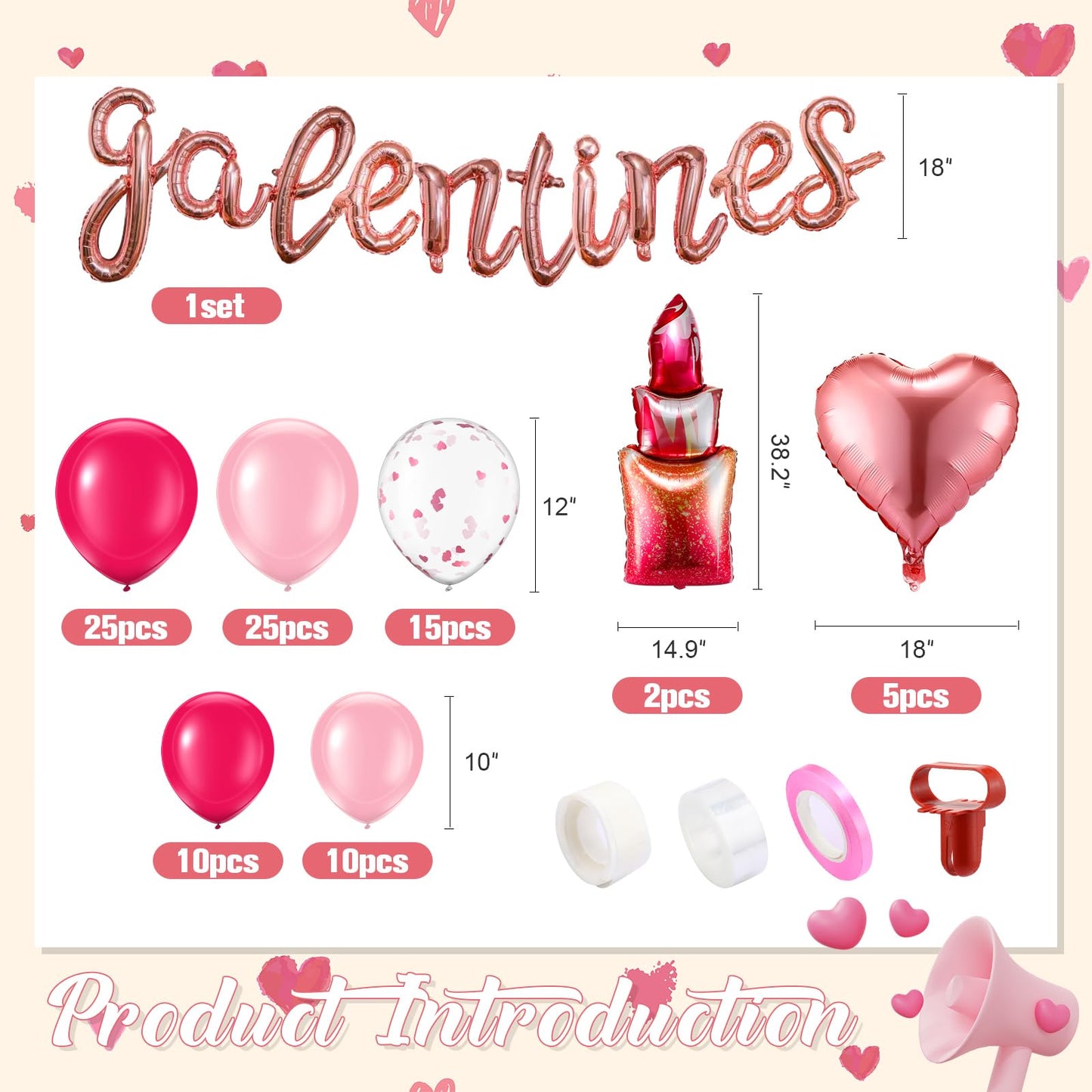 MiniInflat Galentines Day Decorations Set - 108 Pcs Latex & Confetti Balloon Arch, Pink Heart & Lipstick Balloons, Model SIR-MiniInflat-0094