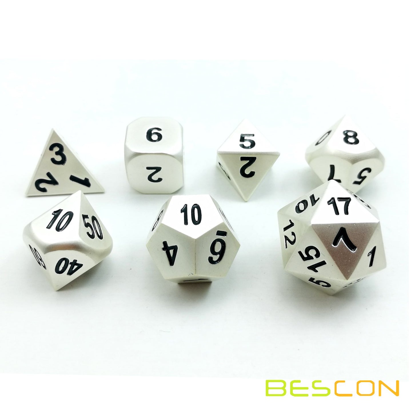 Bescon RPG Metal Dice Set of 7 Matt Pearl Silver Effect Solid Metal Polyhedral RPG Role Playing Game Dice 7pcs Set