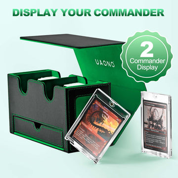 Uaono Card Deck Box For Mtg, Double Card Storage Box With 2 Commander Display & 1 Dice Tray, Fits 200+ Double Sleeved Cards, Card Organizer For Ccg Tcg Sports Cards (Black Green)