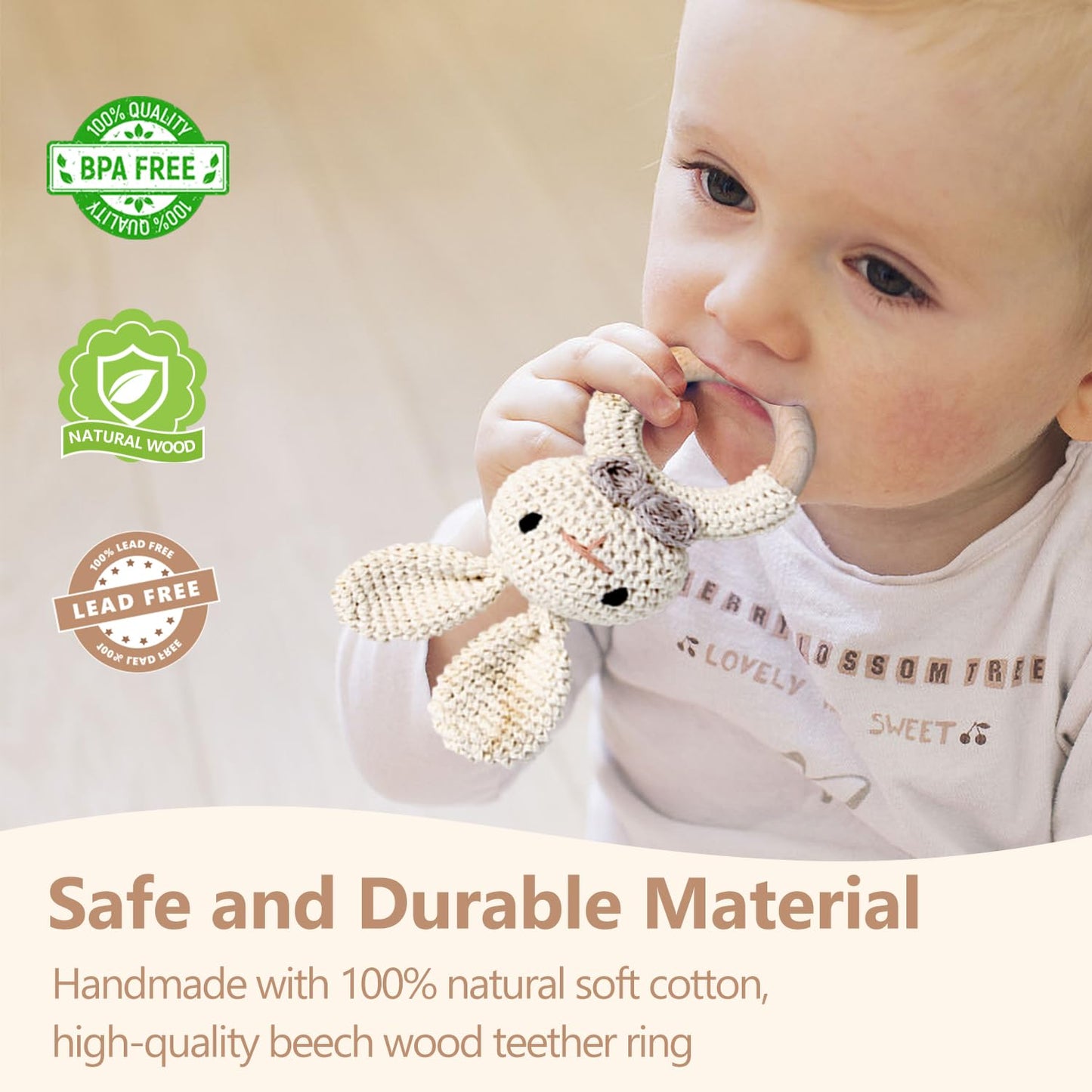 Wooden Baby Rattle, Handcrafted Crochet Bunny Rattles With Wooden Teething Ring, Beige Rabbit Newborn Toy Stuffed Animal Organic