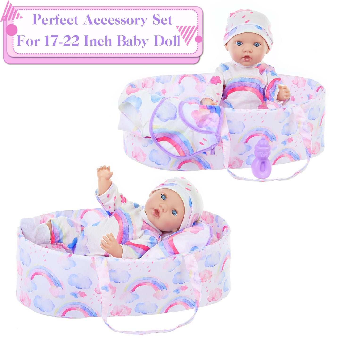 Ecore Fun 8 Pcs Baby Doll Clothes With Bassinet For 16-20 Inch Baby Doll, Rainbow Baby Doll Clothes Outfit Accessories Fit 16 To 20 Inch Baby Doll(No Doll)