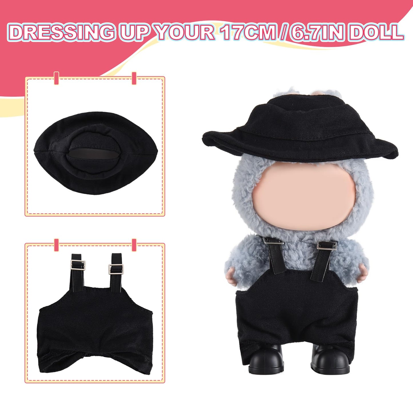 GDLSYLGHY Doll Clothes Set for Labubu  Elegant Outfits Suits Optimal for Your 5.9-6.7in Dolls Dressing Up  Doll Clothing Accessories with Random Color Rain Boots(Black Overalls Suit with Hat)