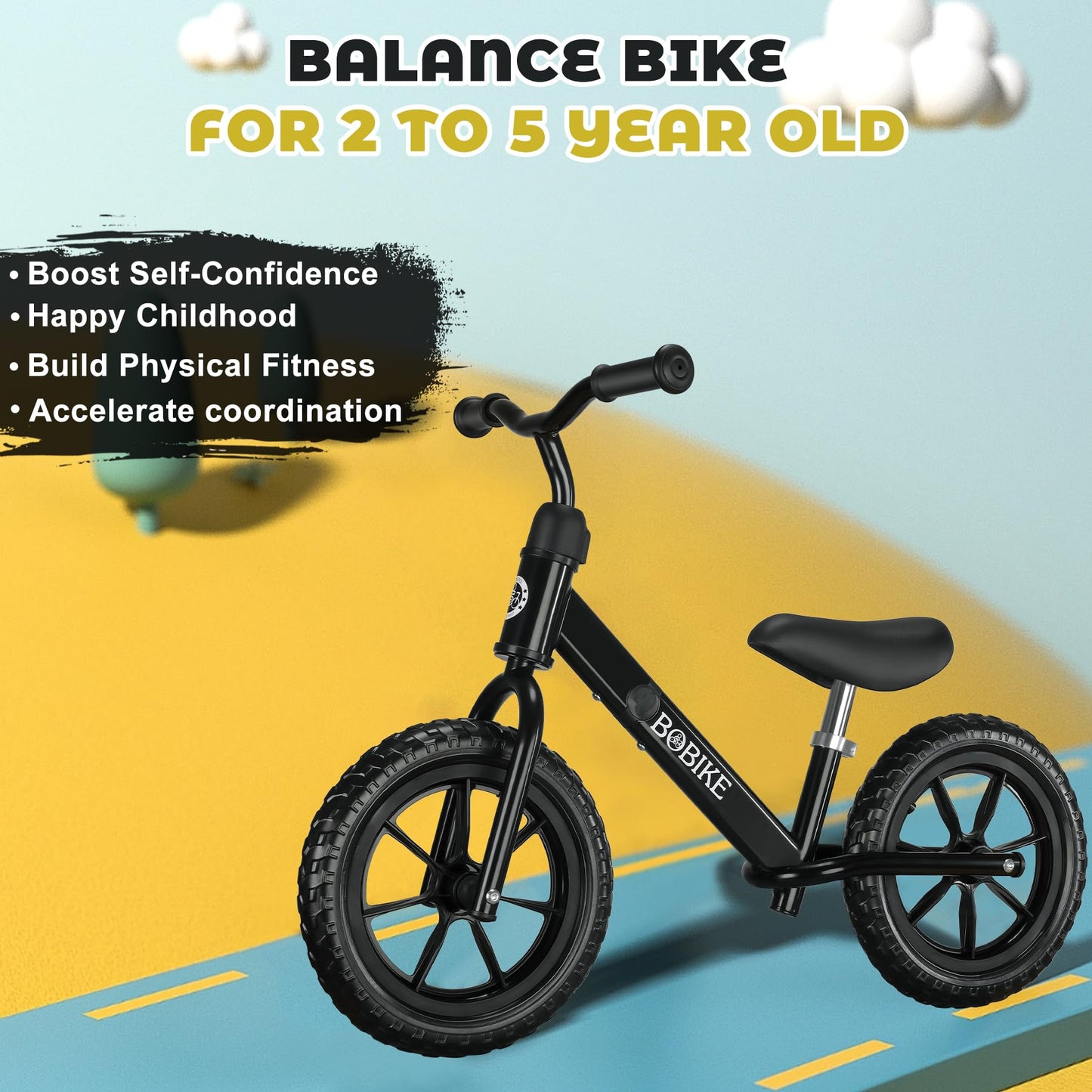 Bobike Toddler Balance Bike Toys For 2 To 5 Year Old Girls Boys Adjustable Seat And Handlebar No-Pedal Training Bike Best Gifts For Kids (Black)