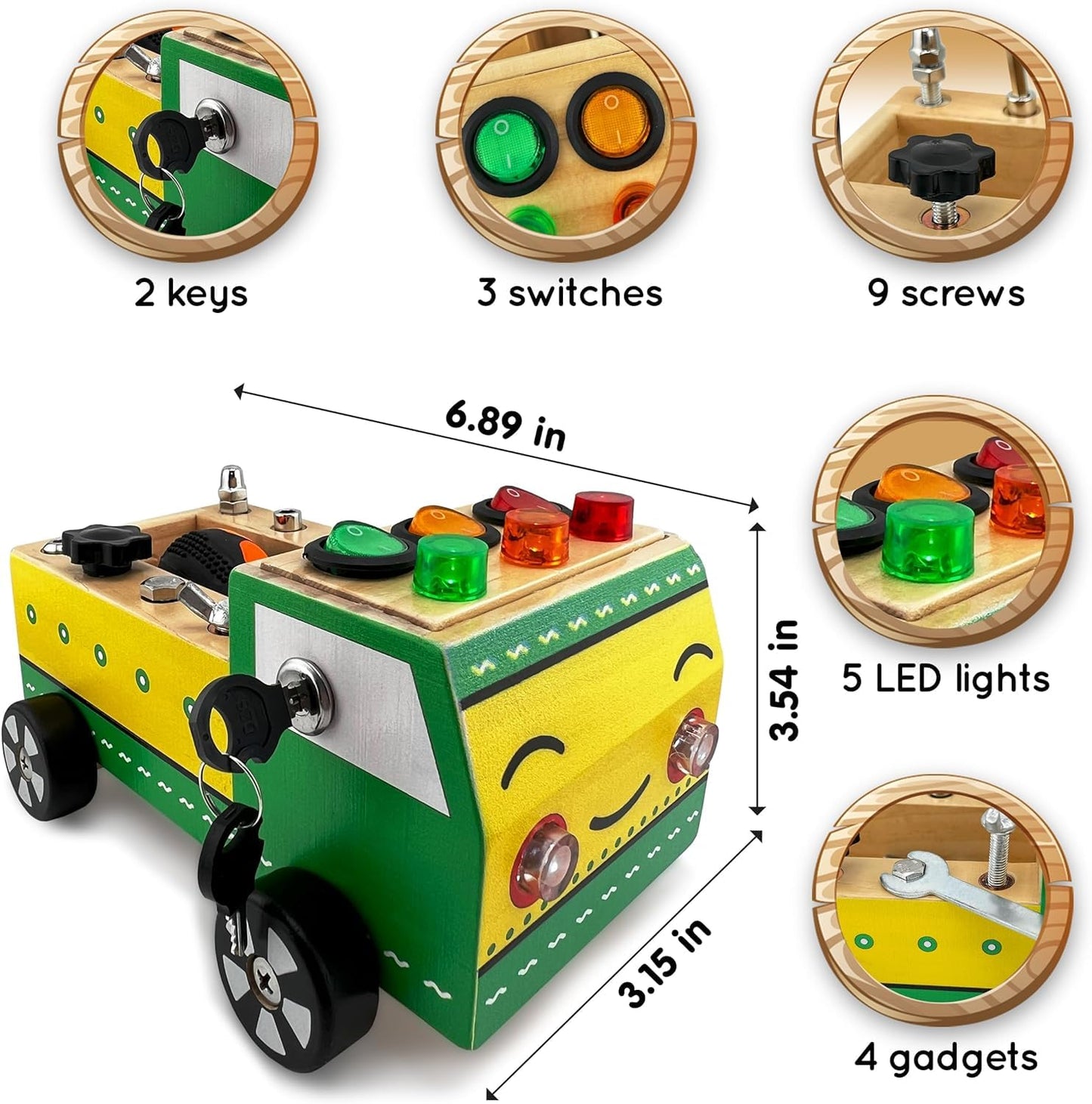 Toddler Montessori Busy Board - Wooden Educational Toy With Lights, Switches, Relay, Key, Bulbs, Sensory Board On Wheels - Presc