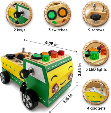 Toddler Montessori Busy Board - Wooden Educational Toy With Lights, Switches, Relay, Key, Bulbs, Sensory Board On Wheels - Presc