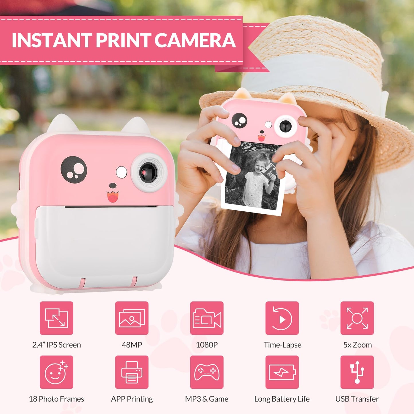 Mafiti Kids Camera Instant Print, Kids Camera Toy With 48Mp Photo 1080P Video 32Gb Card, Christmas Birthday Gift For 3-12 Year O