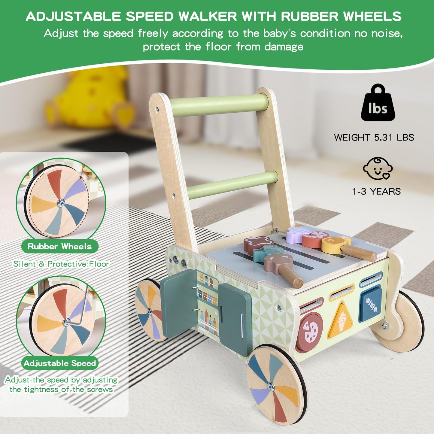 Amazingjoy Wooden Push Walker For Babies With Wheels 12 Months+ Wooden Baby Walker Activity Walker For Babies Montessori Multipl