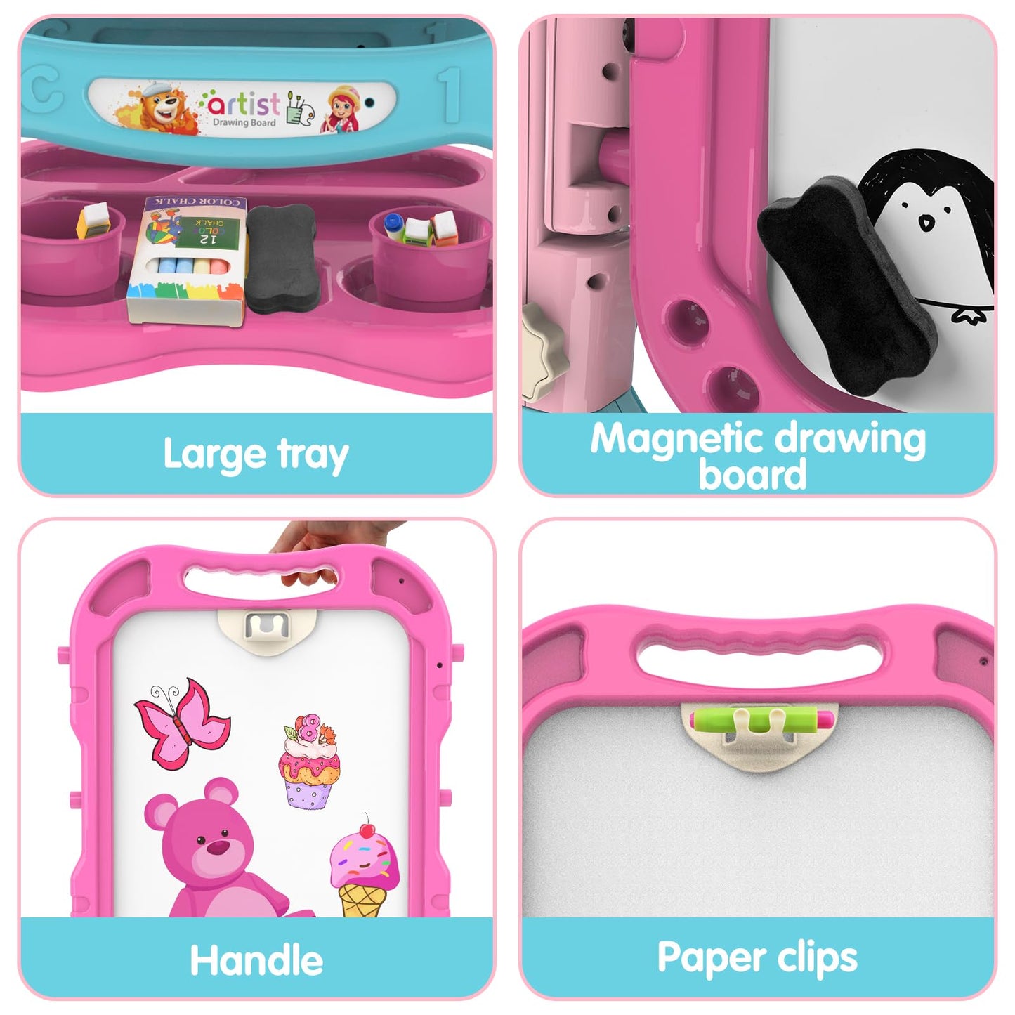 Amagoing Easel for Kids, Adjustable Standing Art Easel for Toddler, Double Chalk Drawing Board with Painting Accessories, Birthd