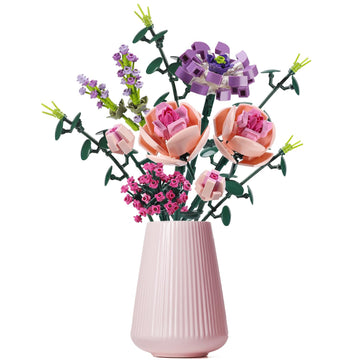 Chodia Flower Bouquet Building Blocks Pink Rose Botanical Collection Bricks Sets Creative Toys Kits Birthday Anniversary For Adu
