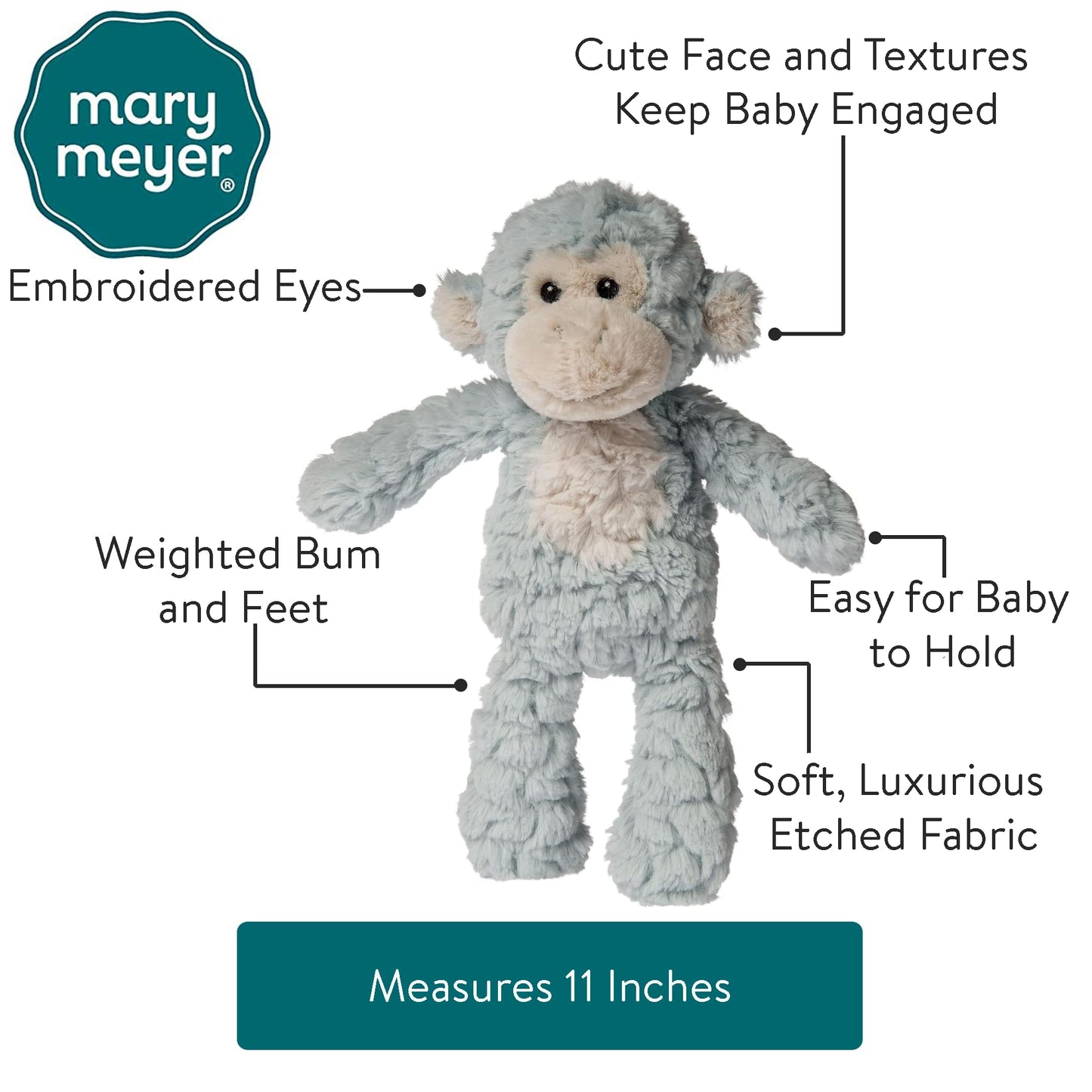 Mary Meyer 11-Inch Seafoam Monkey Putty Nursery Stuffed Animal Soft Toy for Babies and Toddlers
