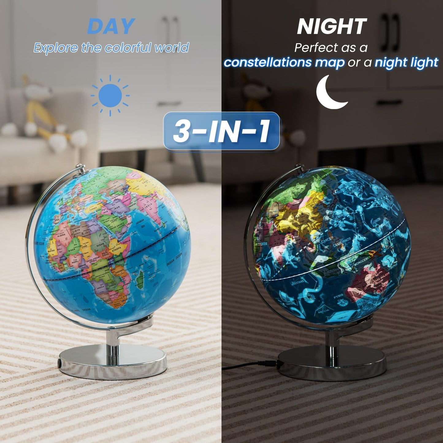 Goplus Illuminated Globes Of The World With Stand, 9’’ Rotating 3 In 1 World Globe W/Constellation Stars, Led Night Light, Geography Educational Globe For Classroom, Office, Decorative, Kids Learning