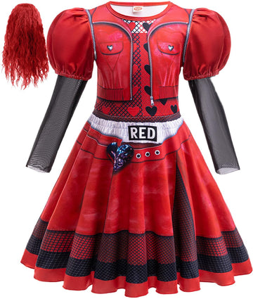 Girls Rise Red Halloween Costume With Wig Kids Halloween Red Costume Dress 5-6Years
