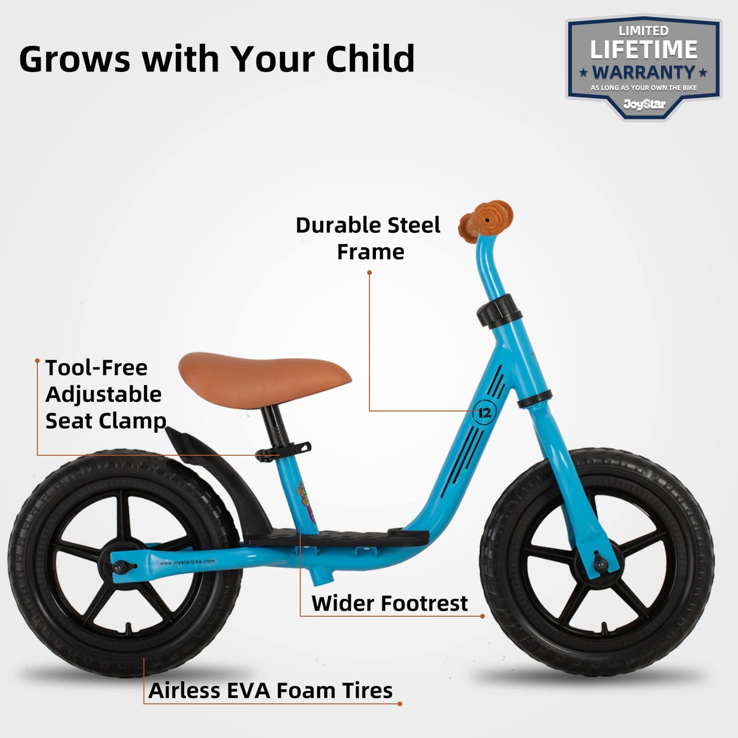JOYSTAR 12 Inch Kids Balance Bike, Blue, Rubber, Model 847182021658, No Pedal Training Bicycle for 3-5 Year Old Boys & Girls