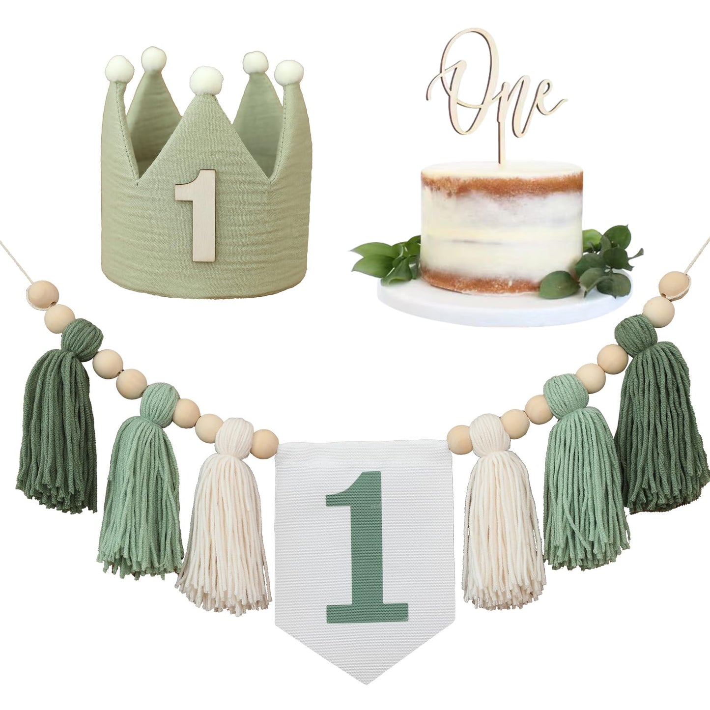 Wild One High Chair Banner For 1St Birthday Party Boy Decorations With Green Tassel Garland Crown Hat Cake Topper