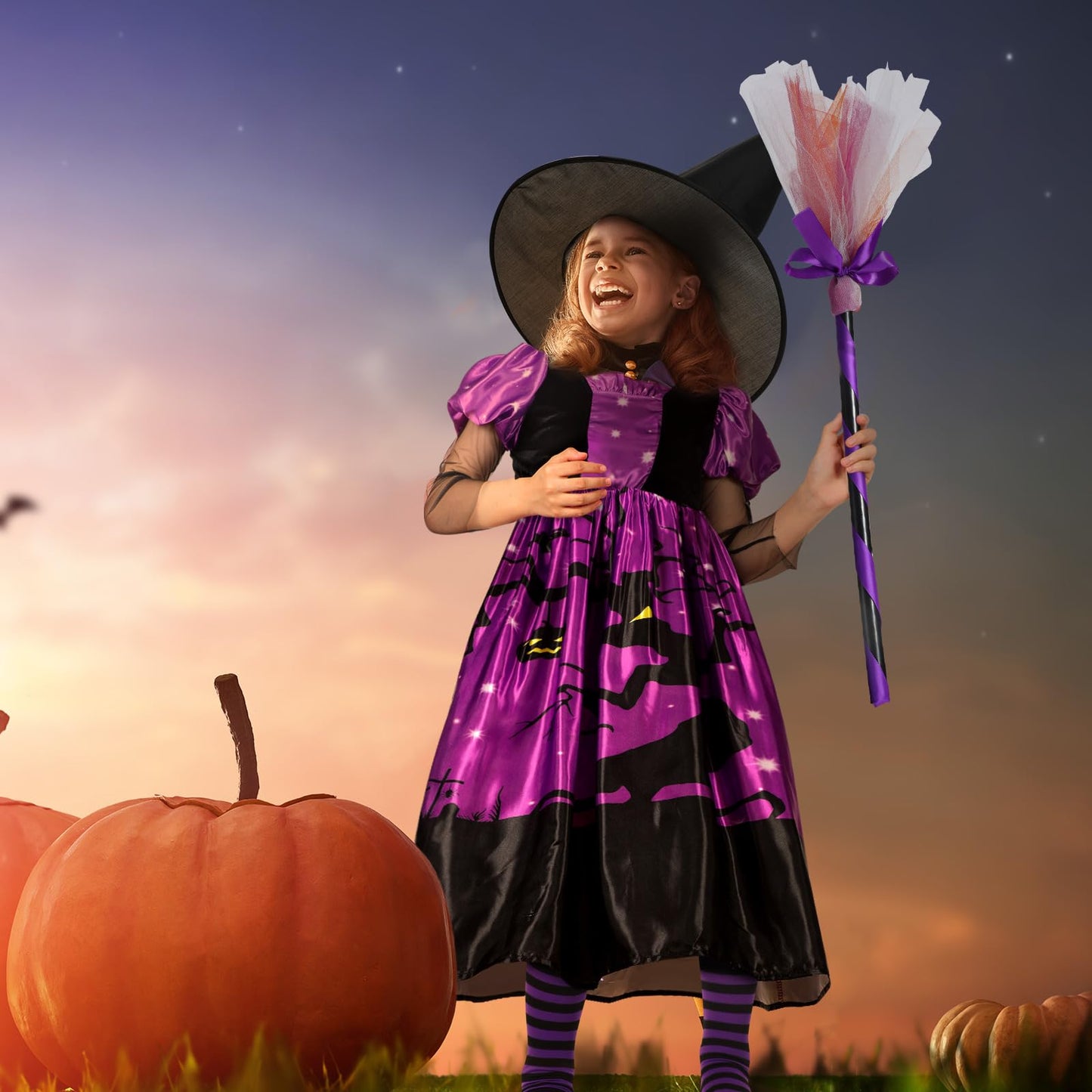 Ramede 5 Pcs Girl Halloween Witch Costume Set Light Up Witch Dress Broom Cloak Hat Sock For Treat Or Trick Party(5-7 Year Old)
