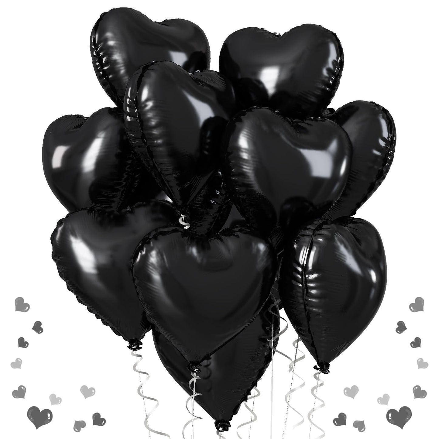Black Heart Balloons, 18 Inch Black Helium Heart Balloons, 12Pcs Large Black Heart Shape Mylar Balloons, Black Foil Heart Balloo