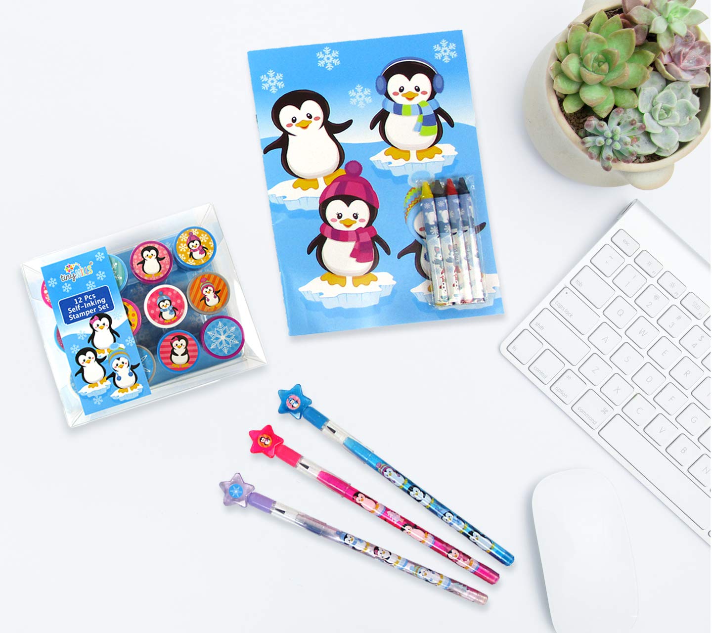 TINYMILLS 12 Pcs Penguin Stamp Kit for Kids Self Inking Stamps Gift Winter Party Favor Bag Stuffer Teacher Stamps