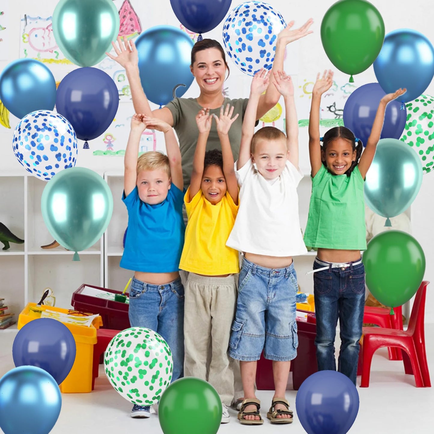 Blue And Green Balloon Set, 12 Inch Navy Blue Dark Green Balloon Metallic Chrome Green Blue Balloons, Confetti Green Blue Balloo
