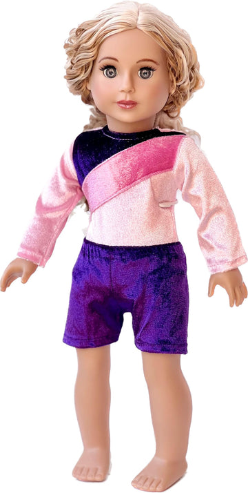 Little Gymnast - 2 Piece Outfit - Pink And Purple Gymnastic Leotard With Shorts - 18 Inch Doll Clothes (Dolls Not Included)