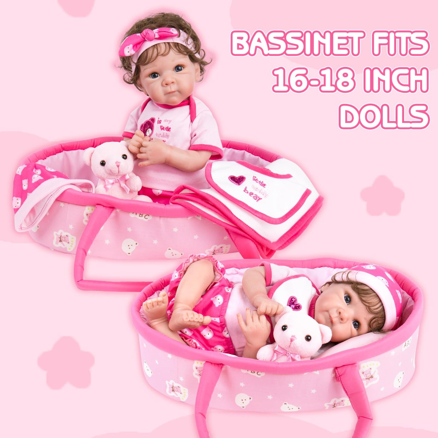 Aori 10 Pcs Reborn Baby Dolls Clothes Set with Pink Bassinet for 16-18 Inch Baby Doll, Carrier Bed and Baby Doll Clothes Outfit