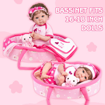 Aori 10 Pcs Reborn Baby Dolls Clothes Set with Pink Bassinet for 16-18 Inch Baby Doll, Carrier Bed and Baby Doll Clothes Outfit
