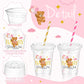 Foldtier 50 Pcs Baby Shower Party Disposable Plastic Cup 12 Oz Pink Bear Cups Thick Clear Cup Lids Straws Baby Shower Party Supp