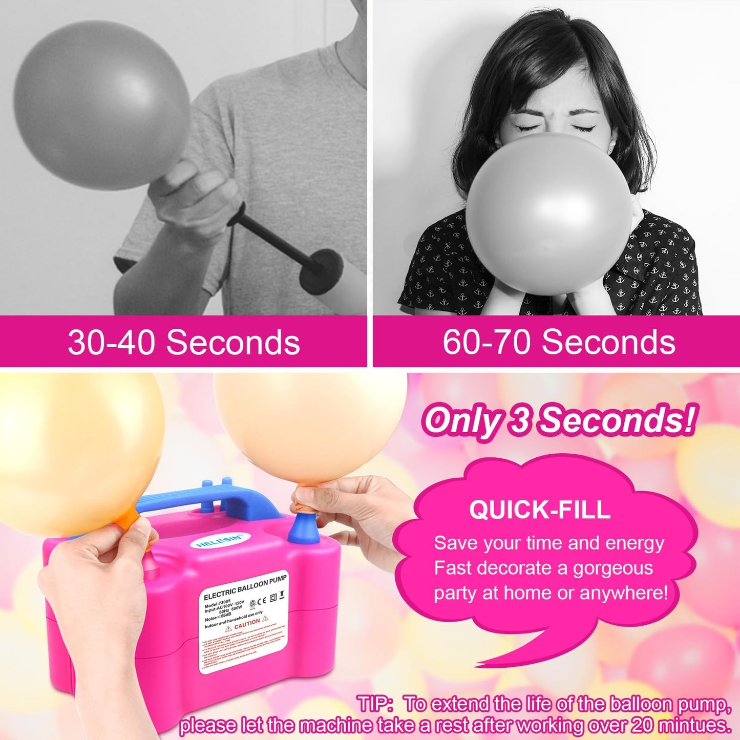 HELESIN Electric Air Balloon Pump - 600W Dual Nozzle Inflator for Party, Birthday, Baby Shower - Portable, Red and White Balloons, 12inch