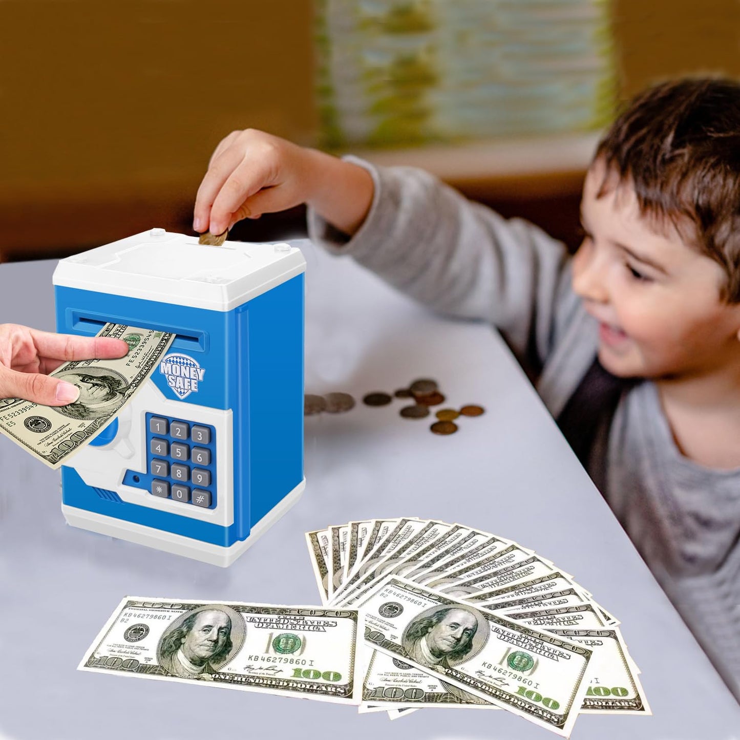 Renvdsa Electronic Password Piggy Bank Kids Safe Bank Mini Atm Electronic Money Save Box Cash Coin Can (Blue White)