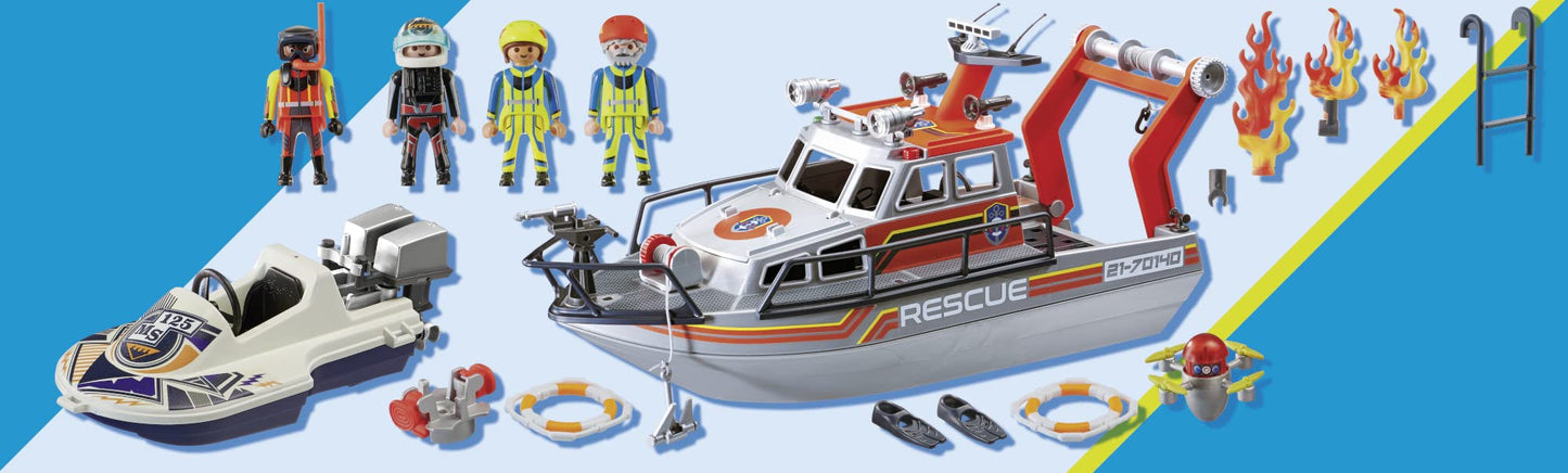 Playmobil Fire Rescue Set with Personal Watercraft, Standard Size, Multicolor, Model 70140, Durable Plastic
