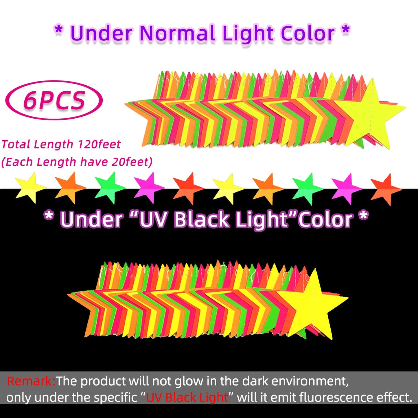 108feet Star UV Neon Garland Hanging Paper Glow in The Dark Glow Party Supplies and Decorations Glow in The Dark Blacklight Reac