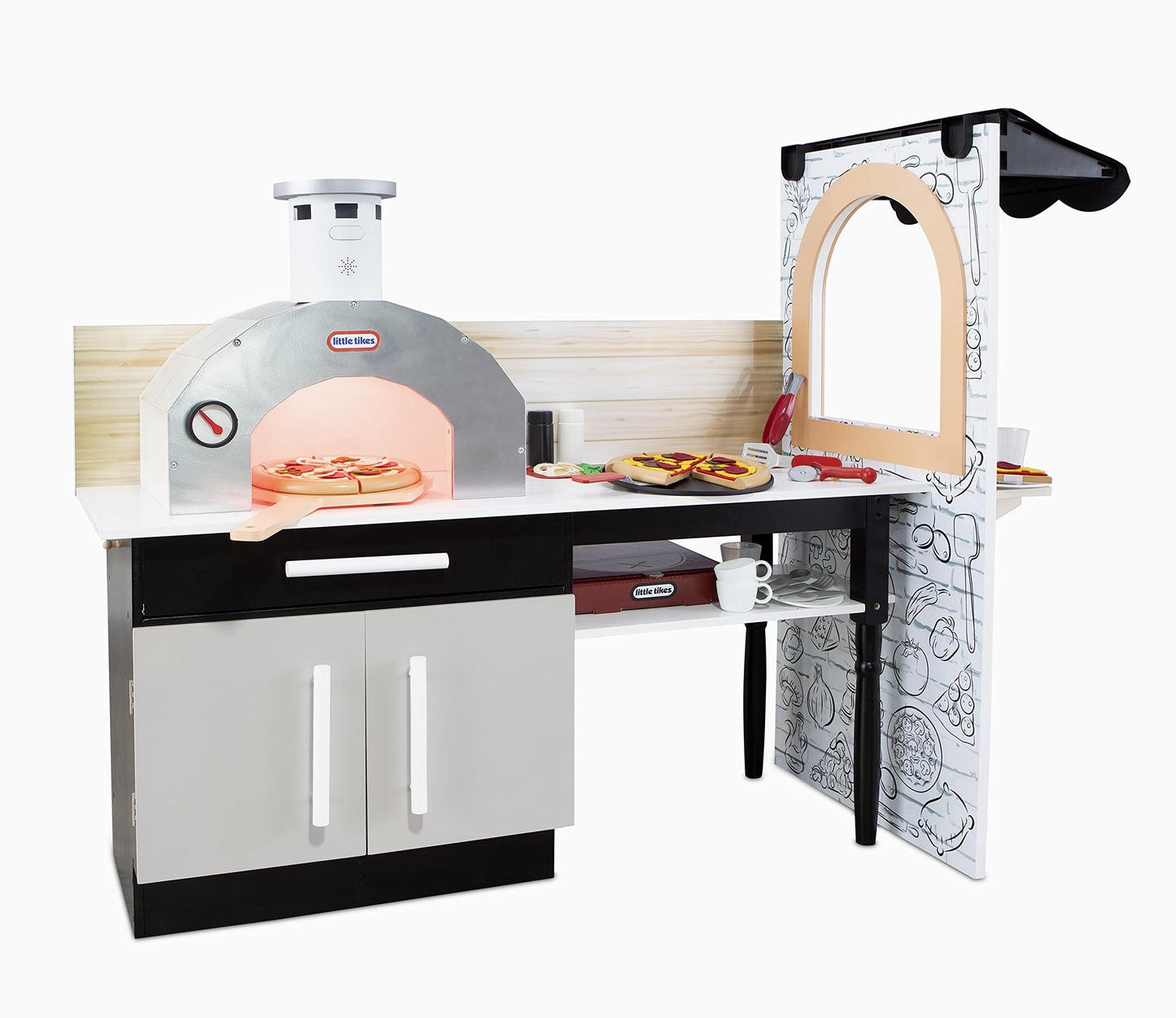 Little Tikes Real Wood Pizza Restaurant Wooden Play Kitchen Cook and Serve with Realistic Lights Sounds and Dual-Sided, 20+ Acce