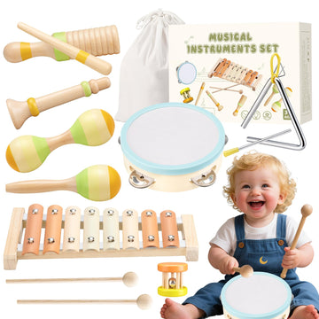 Baby Musical Instruments Montessori Wooden Music Toys Set 1-3 Gifts Kids Toddler Percussion Drum Modern Boho Xylophone With Stor
