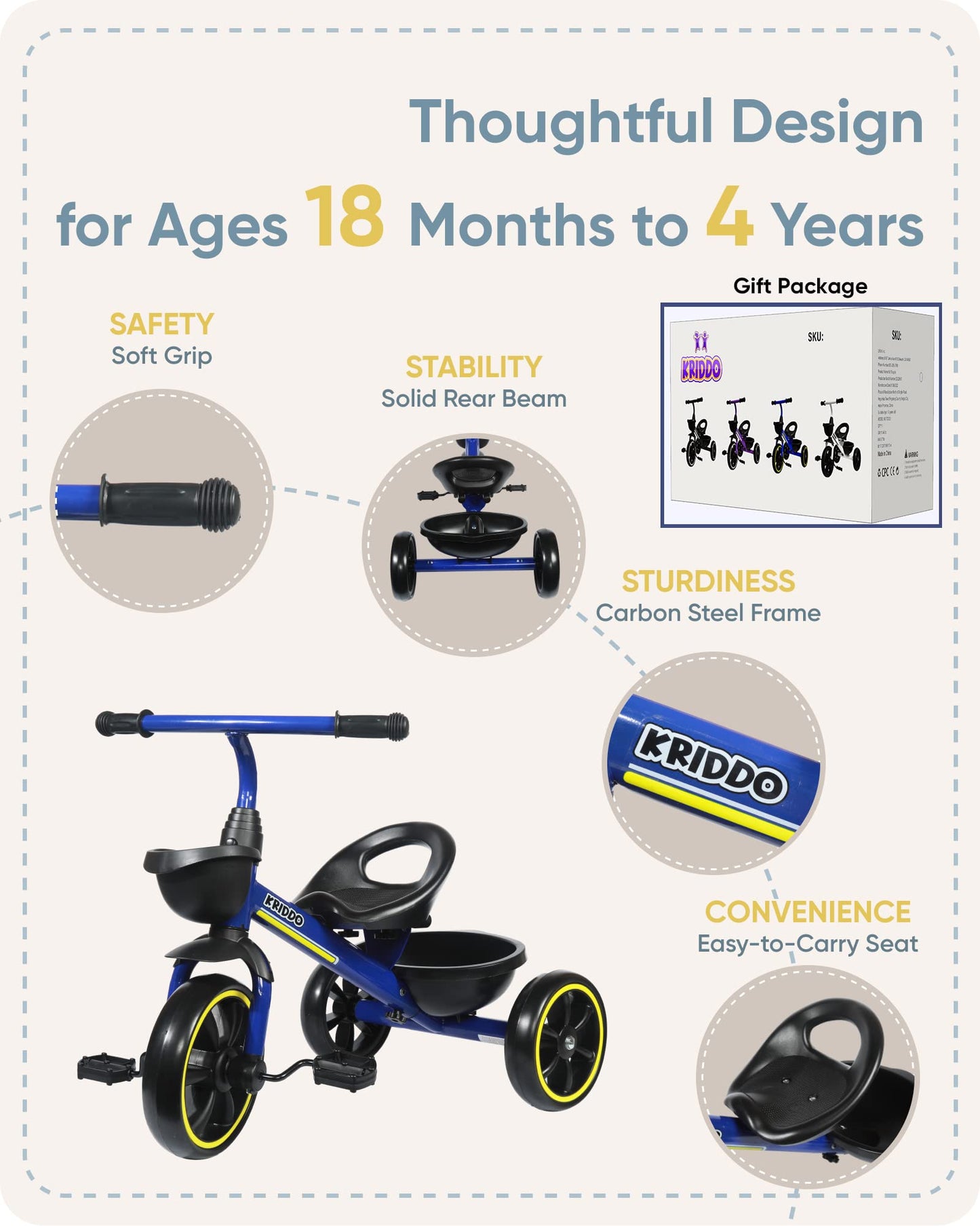 Kriddo Kids Tricycles Age 24 Month To 5 Years, Toddler Kids Trike For 2.5 To 5 Year Old, Gift Toddler Tricycles For 2 - 4 Year O
