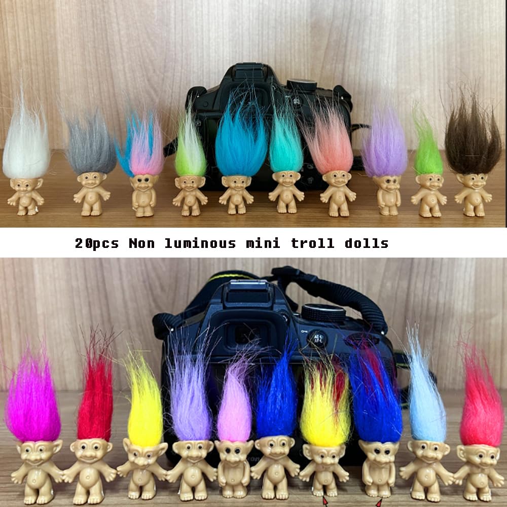 30pcs Luminous Mini Troll Dolls Glow in The Dark Vintage Action Figures Lucky Troll Dolls 1.2'' Bodies, 2.3'' Hair. Cake Toppers