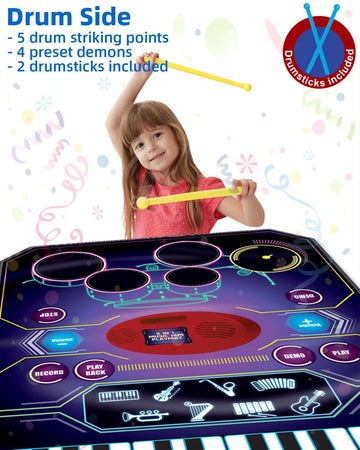 Sunlin 2-In-1 Music Jam Mat, Music Learning Toy For Boys Girls 3-6, Drum Set + Piano Mat, Toddler Birthday Gift 3 4 5 6 Years, Record & Playback, Built-In Songs, 8 Instrument Sounds, Volume Control