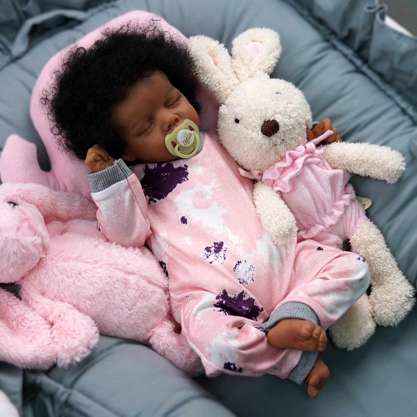 Jizhi Lifelike Reborn Baby Dolls Black -17Inch Baby-Soft Body & Curls Realistic-Newborn Baby Dolls African American Real Life Baby Dolls Cloth Body With Feeding Kit & Gift Box For Kids Age 3+