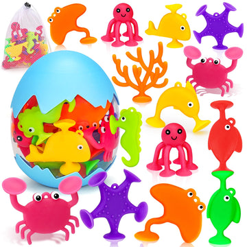 Toddler Suction Bath Toys, Ocean Animal Suction Cup Toys With Eggshell & Bag No Hole Mold Free Bathtub Shower Toy For Kids Senso