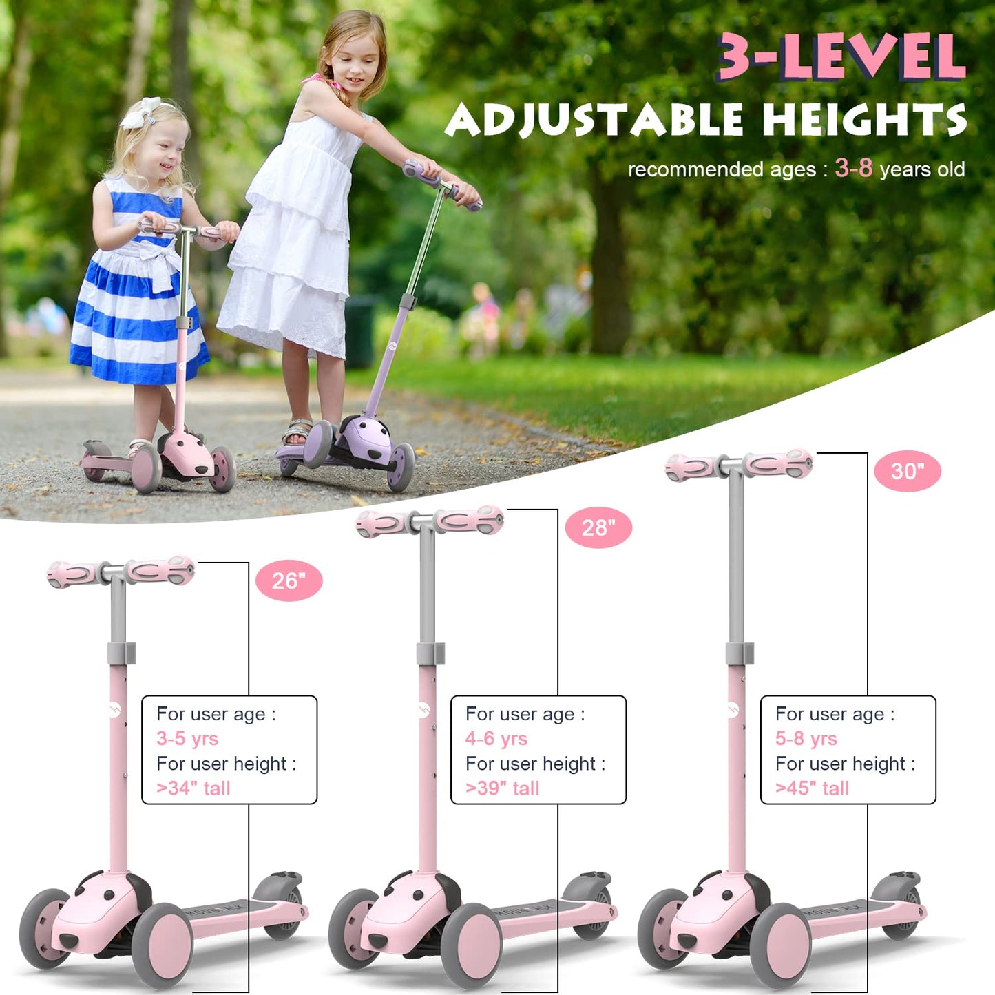 MOUNTALK 3 Wheel Kick Scooter for Kids 3-8 Years, Light Up Wheels, Pink, Model MT001
