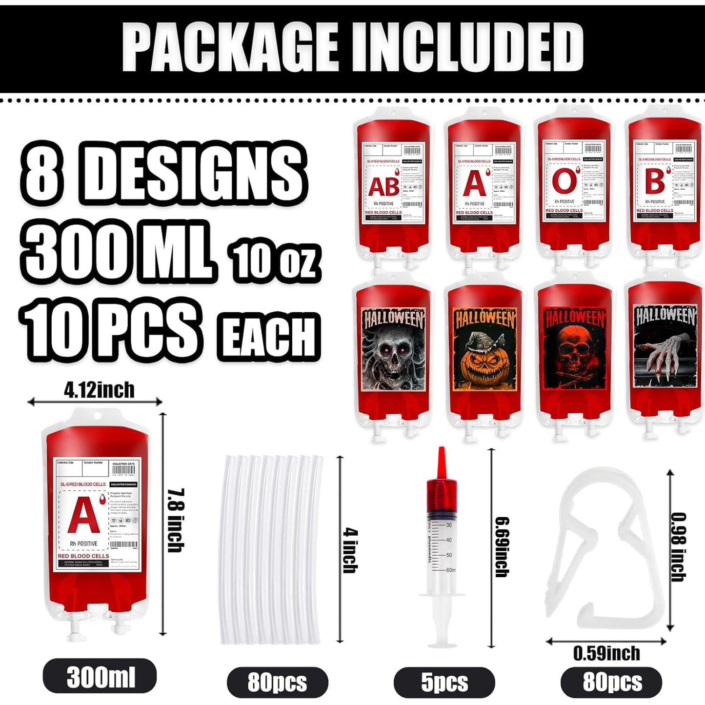 Garma 80 Packs Halloween Blood Bags for Drinks, 8 Design IV Bag Reusable Drink Pouches Containers Jello Shot Syringes and Clips