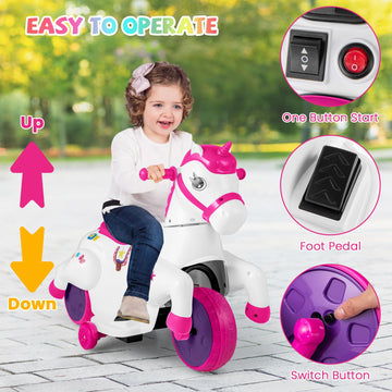 Honey Joy 12V Unicorn Ride On Toys, 3-Wheeler Battery Powered Motorized Ride On Horse W/Training Wheels, Music, Up & Down, Pony