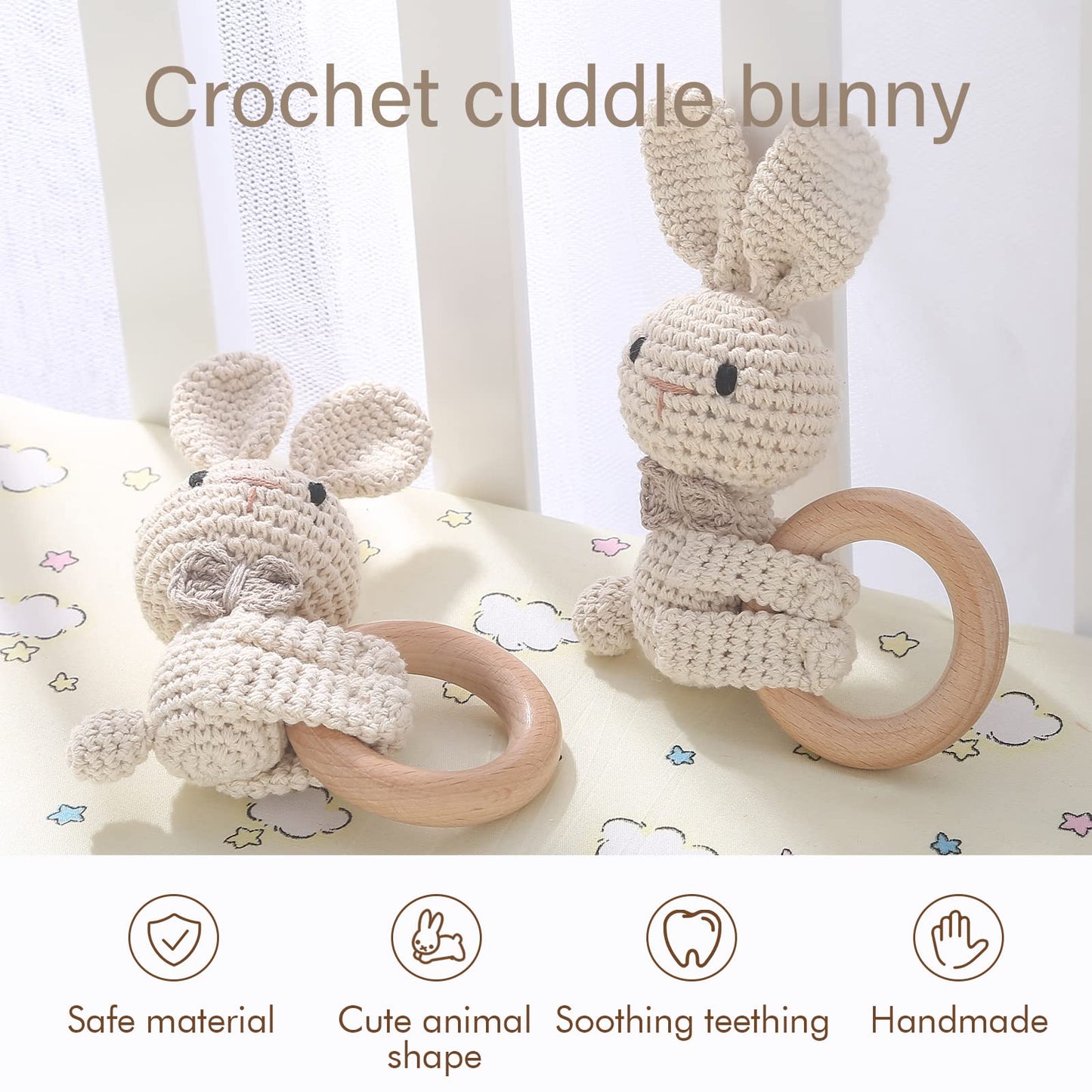 Wooden Teether Crochet Baby Rattle, Crochet Baby Toys, Organic Wooden Newborn Toys, Newborn Animal Rattle Toys,Knitted Stuffed Animals Gifts For Baby, Lovely Bunny
