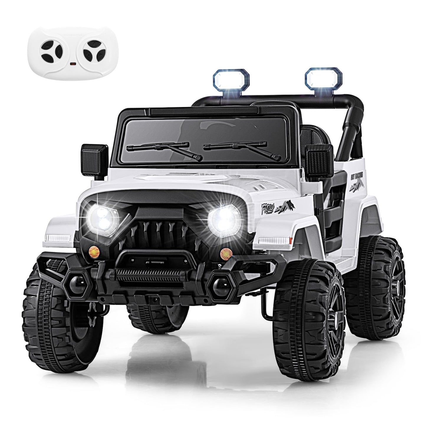 Olakids Ride On Truck, 12V Battery Powered Electric Vehicle For Kids With Remote Control, Bluetooth, Power Display, Led Lights, Music Player, Ride On Toy For 3+ Boys Girls (White)