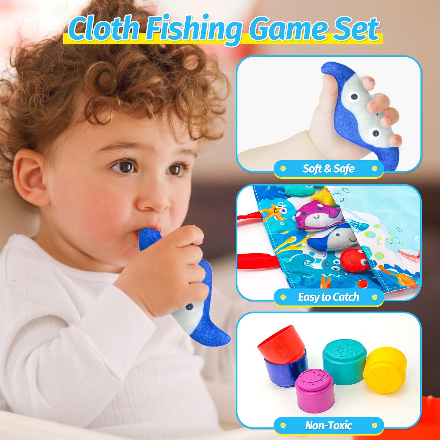 Fishing Game Toddler Sensory Toys Montessori Toy for 1-3 Birthday Gift 23pcs Sea Animal Cloth Fish Game for kids 1 Year Old with